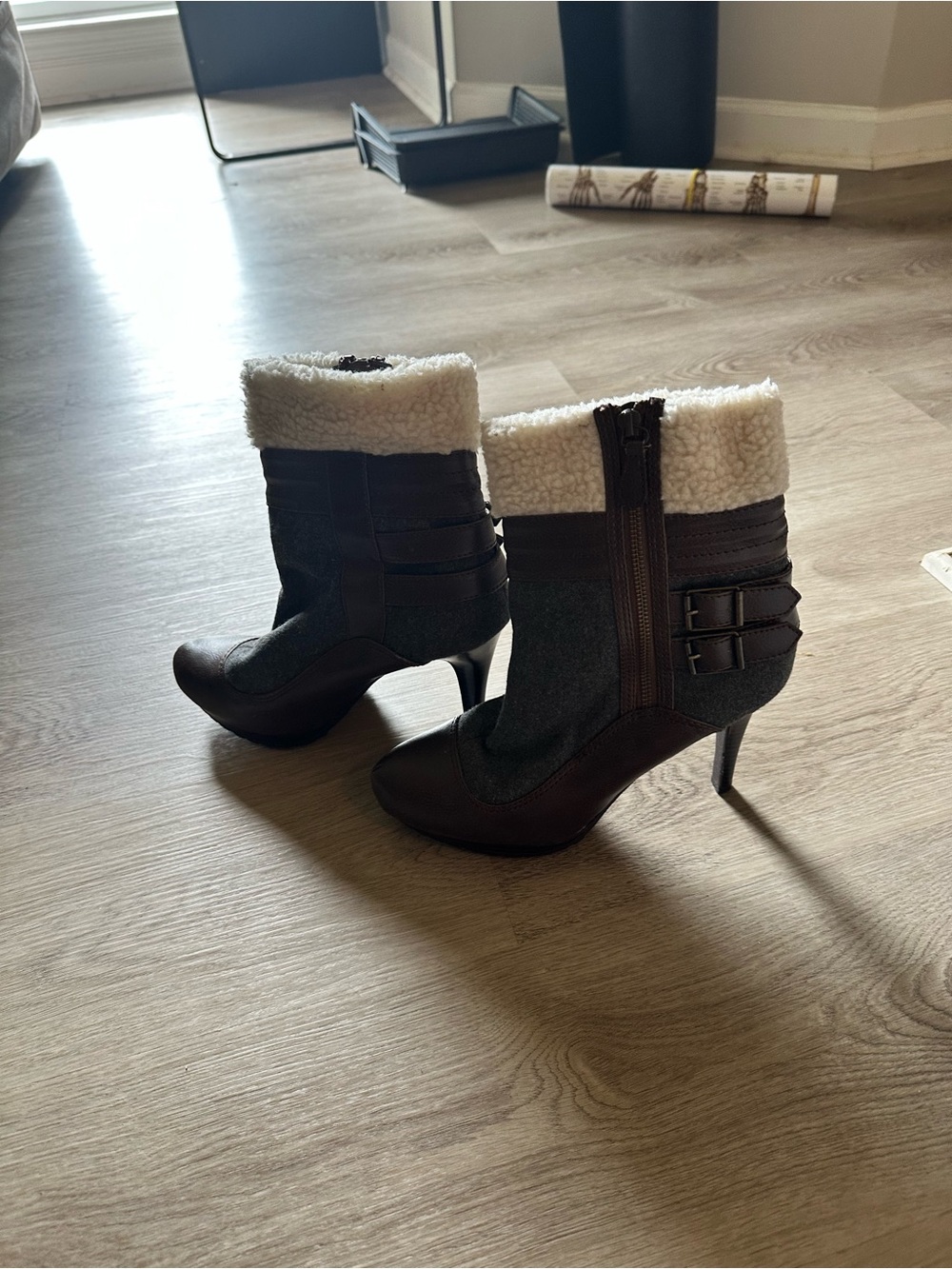 Faux-Shearling Ankle Booties in Dark Brown, Grey and Cream